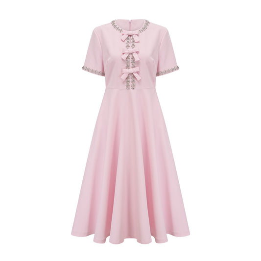 Cassiopeia crystal-accented pink bow midi dress