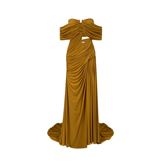 Ludivine ocher off-shoulder cut-out ruched maxi dress