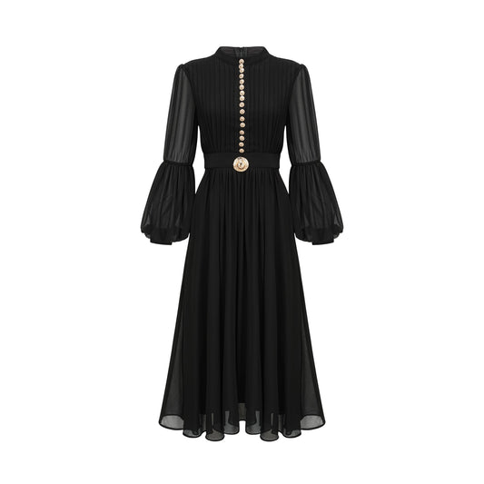 Viviane black pleated button-front midi dress