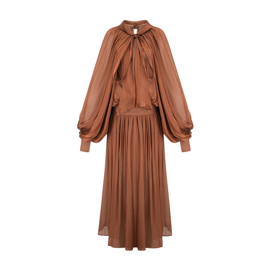 Mila Brown Pleated Satin Maxi Dress