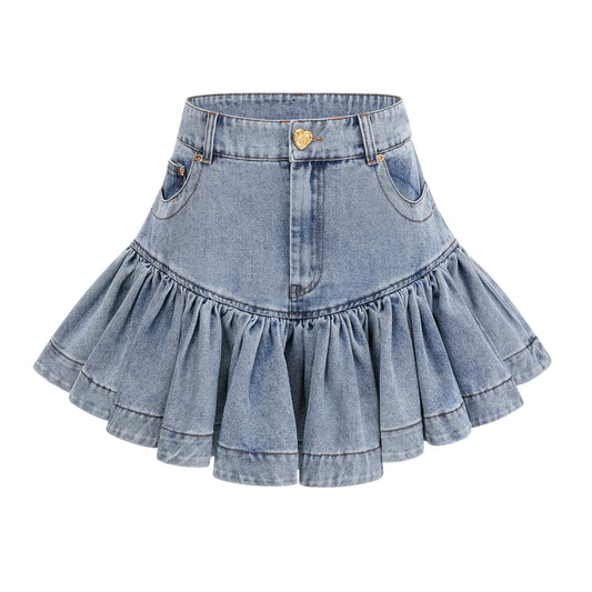 Florence Ruffled Denim Mini Skirt in Light Blue