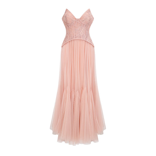 Ulrique pink lace corset tulle maxi dress