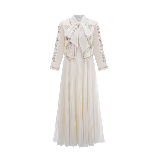 Blanche White Embellished Pleated Two-Piece Jacket and Dress Set (US Only)