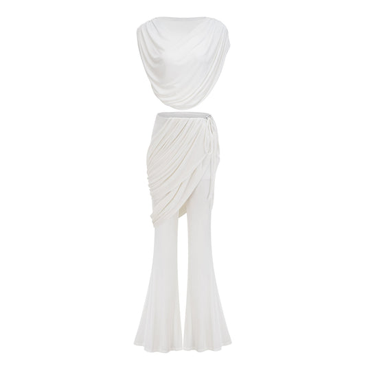 Dulcie White Asymmetrical Ruched Matching Set