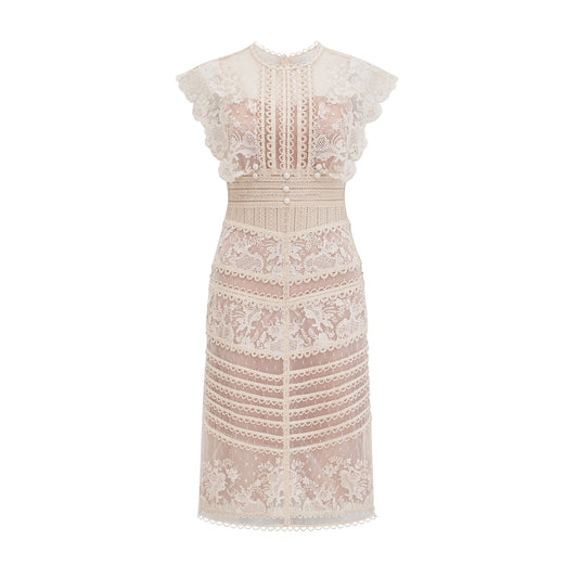 Fleur floral-embroidered lace midi dress in Neutrals
