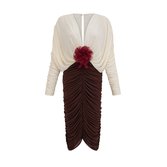 Léontine color-blocked flower-brooch ruched midi dress