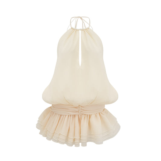 Bérénice white halterneck faux-pearl mini dress