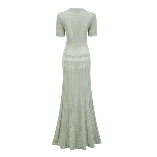 Siena green shirred crochet-knit maxi dress