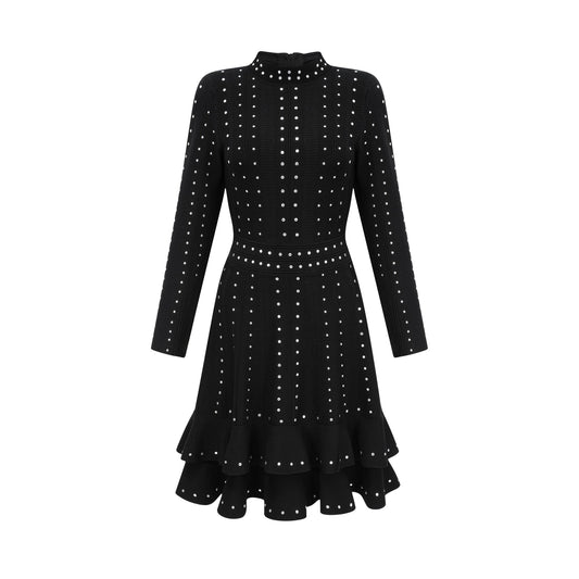 Fabienne Black Embellished Ruffled Knit Mini Dress