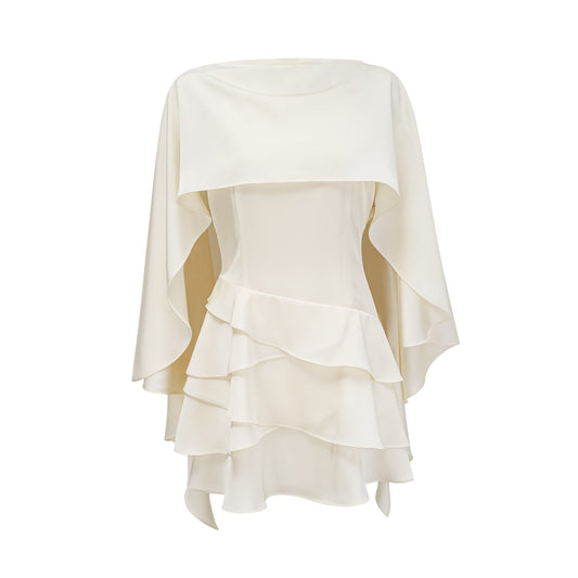 Lyna White Satin Ruffled Mini Dress with Shawl Panel Detail