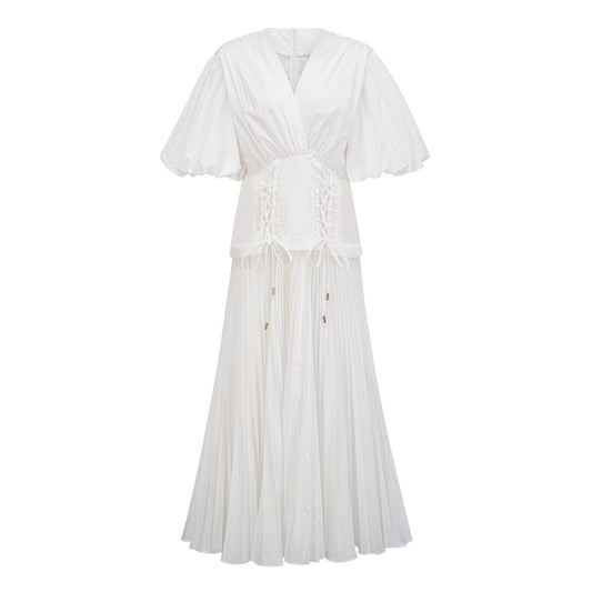 Vienne White Lace-Up Pleated Maxi Dress