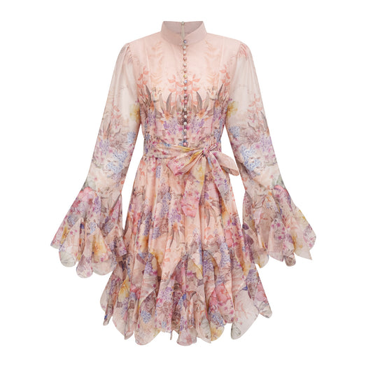 Aya Pink Godet Floral Mini Dress