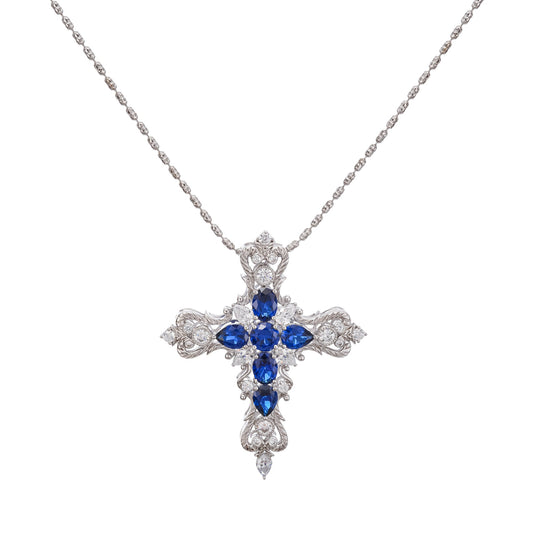 Tuulikki Blue Cross Shaped Pear Cut Gemstone Pendant Sterling Silver Necklace