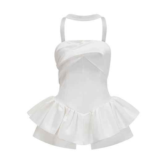 Olivia white halterneck ruffled mini dress