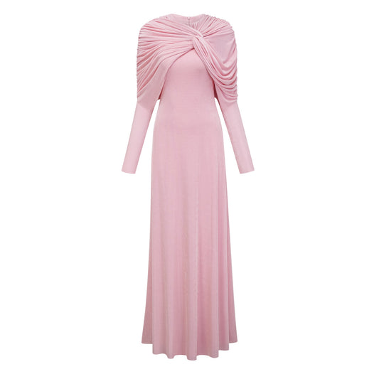 Moderne Pink Shawl Panel Ruched Maxi Dress