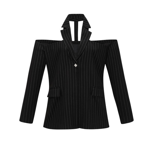 Stefania black striped open-back blazer