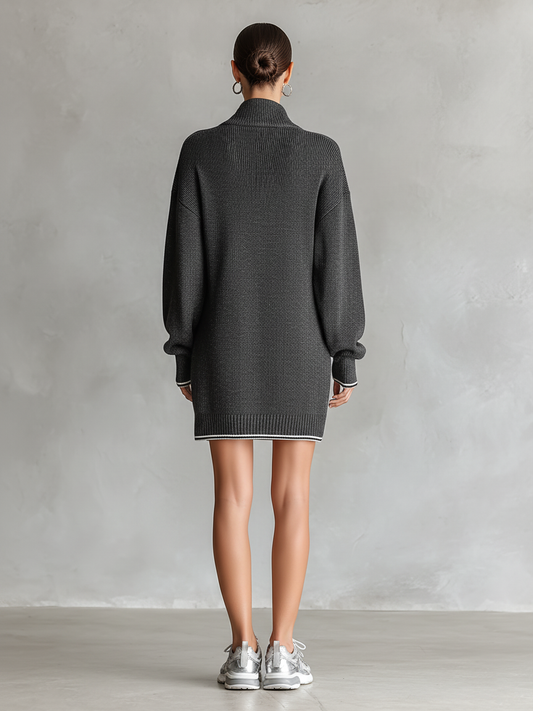 Women's Fashion Loose Knit White Trim Zipper Polo Neck Mini Dress MDA0774H6Y