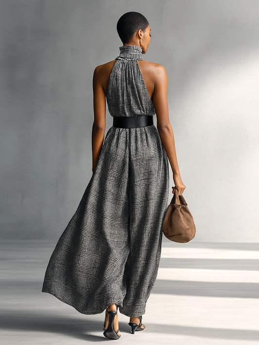 Women's Plaid High Collar Sleeveless Belted Maxi Dress MDA1002G2Y