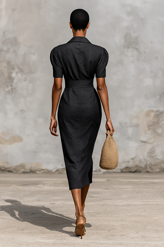 Ladies Solid Color Lapel V-neck Short Sleeve Waist Midi Dress MDA1404G5Y