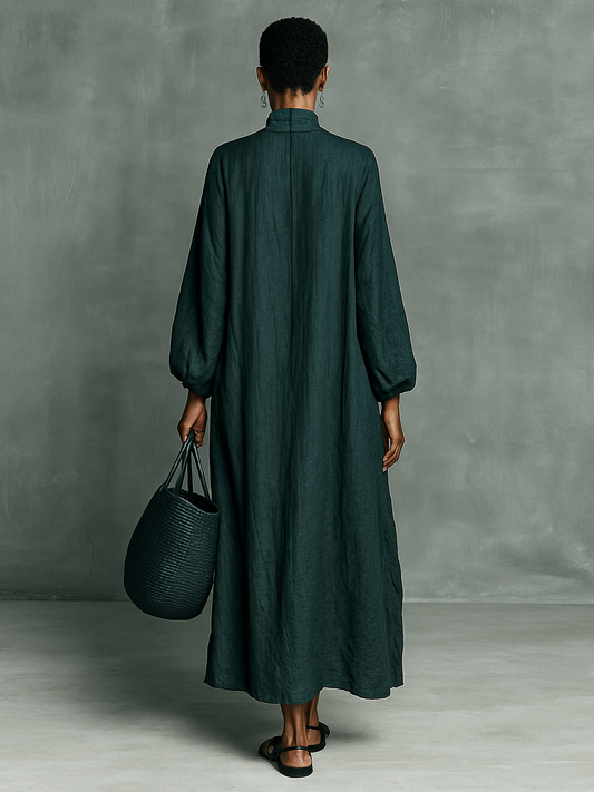 Women's Loose Cotton And Linen Blend Shoulder Embroidery Half-high Collar Long-sleeved Maxi Dress MDA1563H7Y