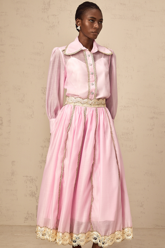 Frida pink lace-trim shirt & skirt matching set