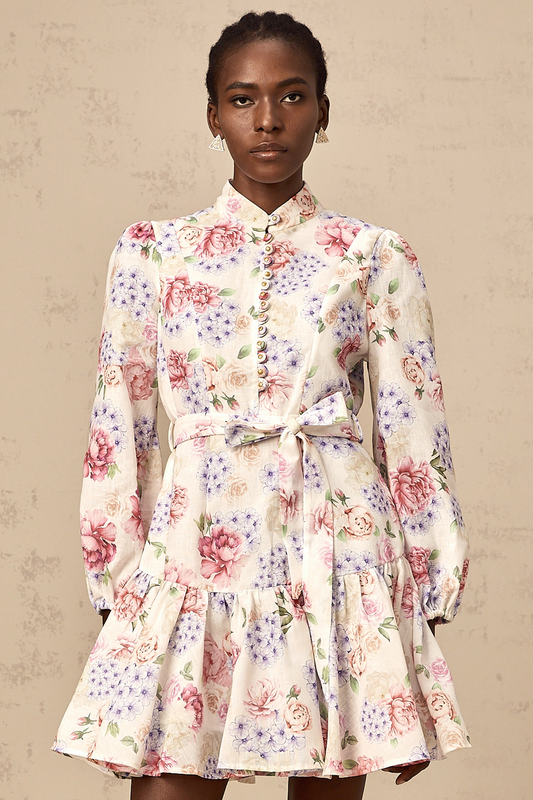 Maia tied-waist floral-print mini dress in White