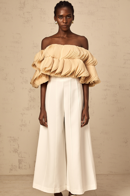 Elise neutrals off-shoulder shirred cropped top