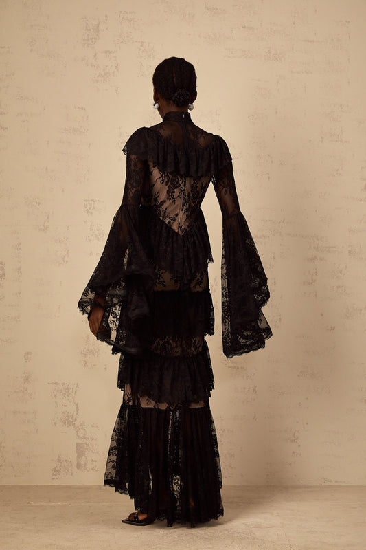 Roxane black floral-lace ruffled maxi dress