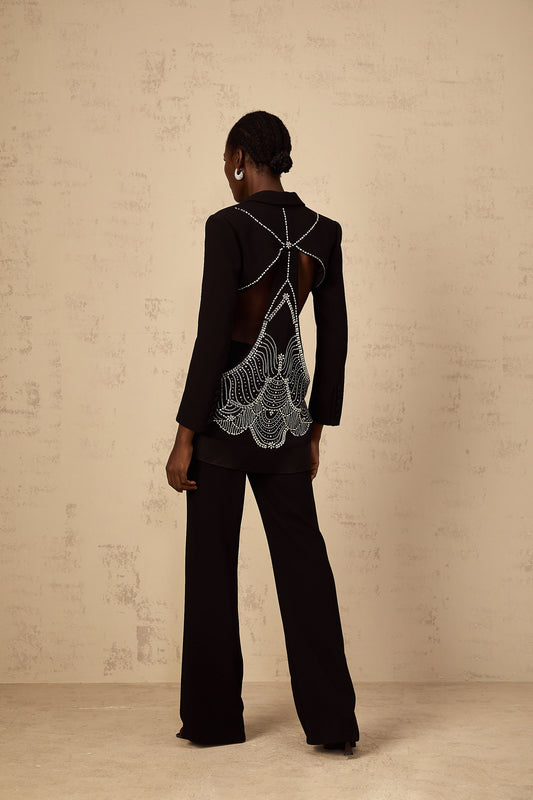 Annabelle Black Cut-Out Embellished Blazer & Trousers Set