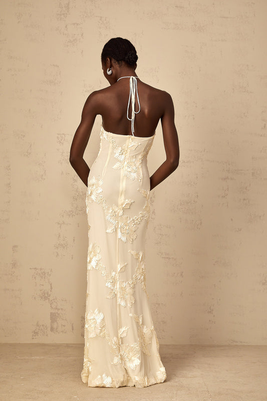 Melanie Neutrals Embroidered Halterneck Maxi Dress