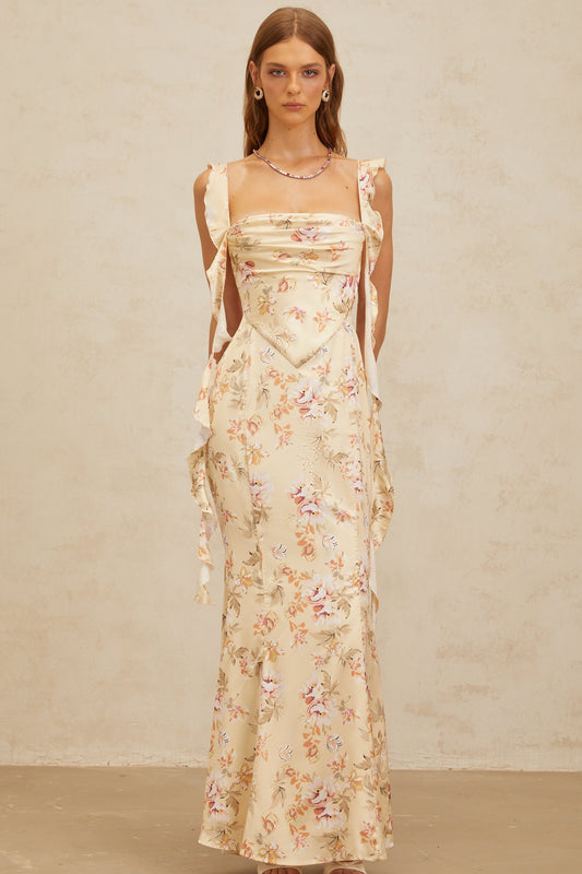 Alizée Yellow Floral Print Mermaid Maxi Dress