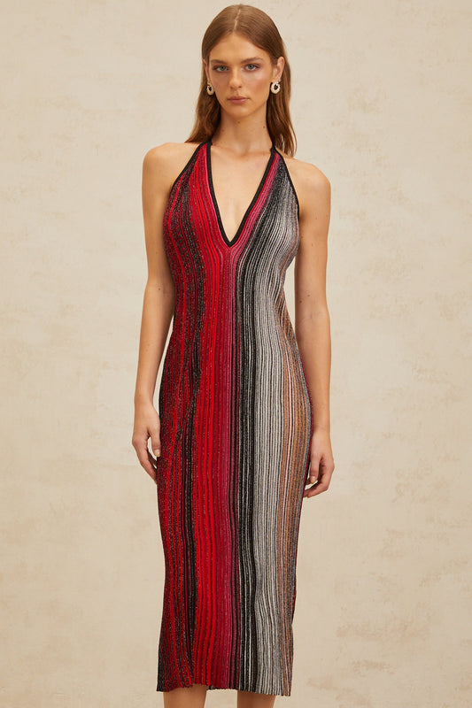 Amaryllis Red Sequined Striped Knit Midi Dress (US Only)