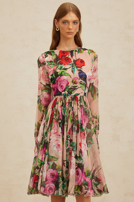 Coralie Pink Rose Print Summer Silk Midi Dress