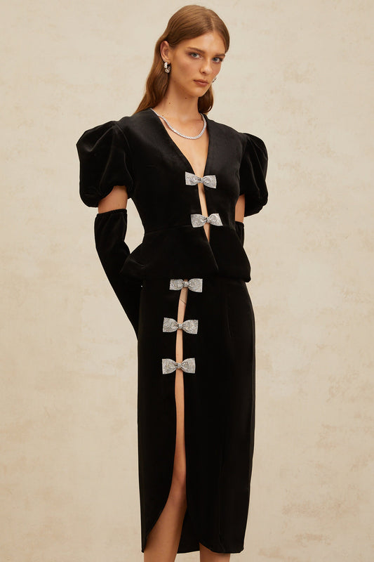 Adèle Black Bowknot Cut-Out Velvet Top & Skirt Matching Set