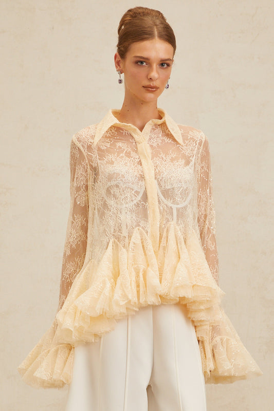 Ingrid Neutral Peplum Floral Lace Blouse