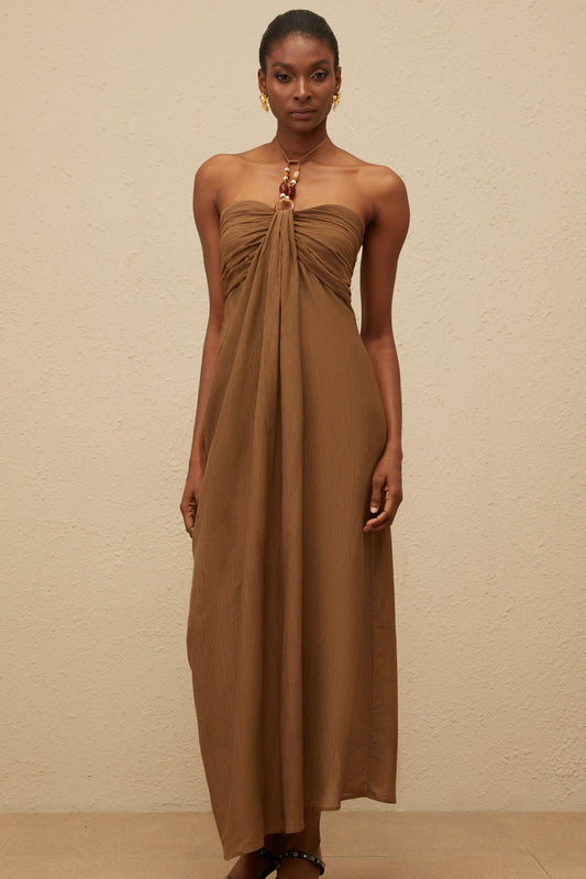 Ludivine Brown Ruched Maxi Dress with Beaded Straps