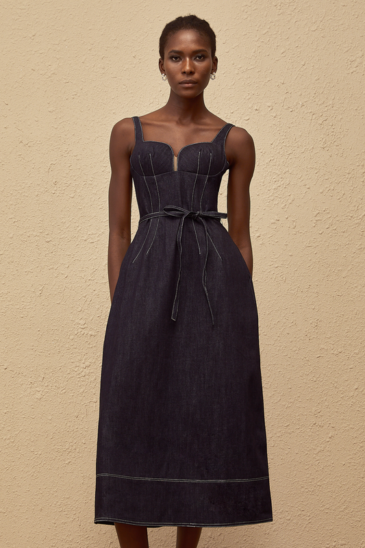 Éclat Indigo Blue Denim Midi Dress