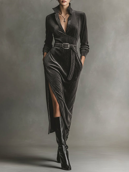 Women's Dark Grey Elegant Corduroy Collared Belted Side - Slit Midi Dress MDA1077J4I