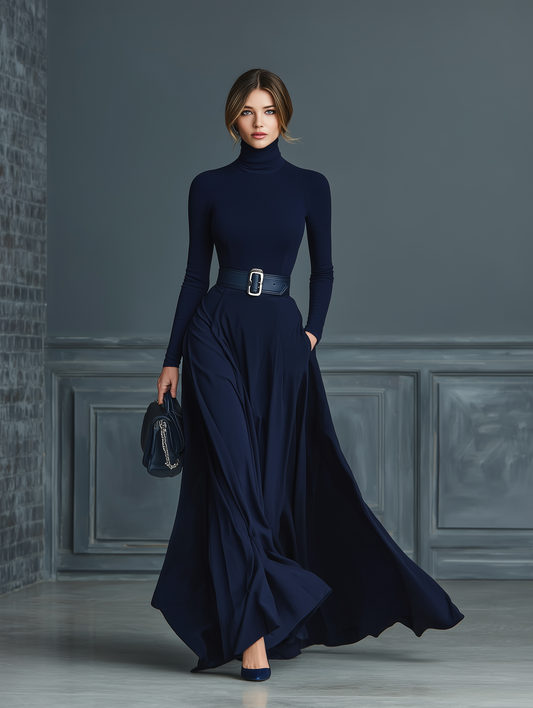 Women's Dark Blue Knitted High-neck Dress MDA2760H6T