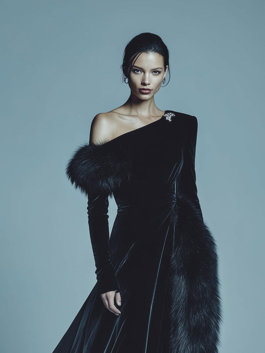Women's Black Modern Velvet One - Shoulder Faux Fur - Trimmed Maxi Gown MDA1613J9I