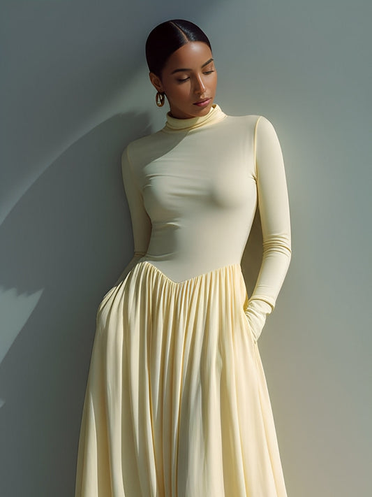 Women's Cream Sophisticated Jersey Turtleneck Pleated Maxi Dress MDA1672J2I