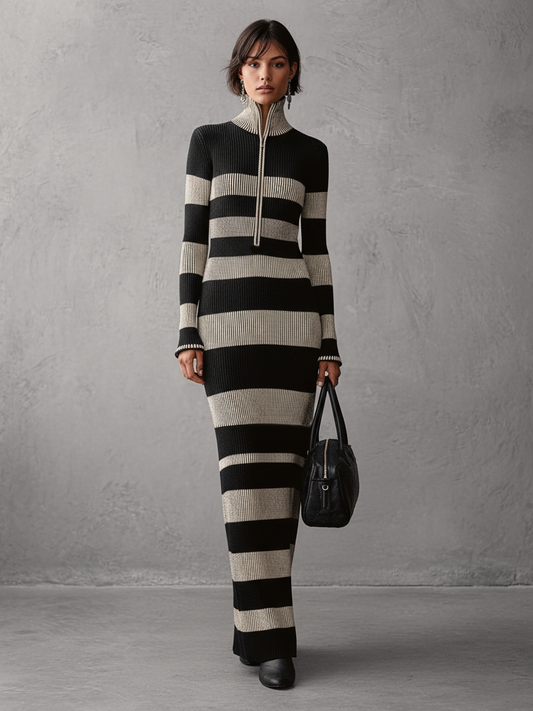 Women's Striped Jacquard Zip-up Neck Knitted Maxi Dress MDA1577J4Y