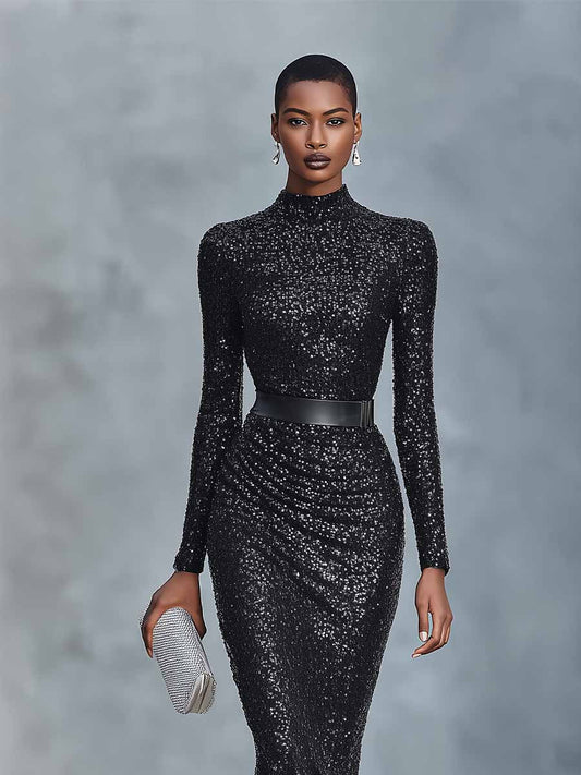 Women's Black Glamorous Sequin - Embellished Mock - Neck Side - Slit Midi Dress MDA1092J1I