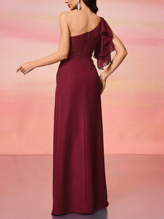Women's Solid Color Off-shoulder One-shoulder Slit Hem Maxi Dress MDA1822F2Y