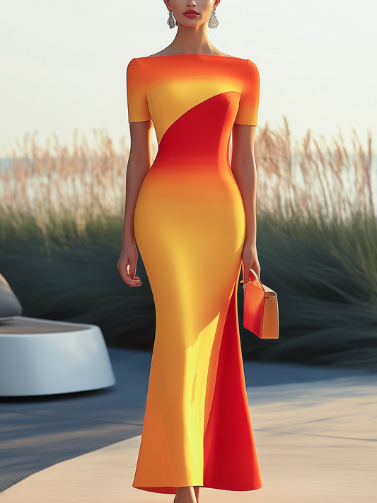 Women's Stylish Elegant Orange-Yellow Gradient Color Short Sleeves Dress MDA0202H8I