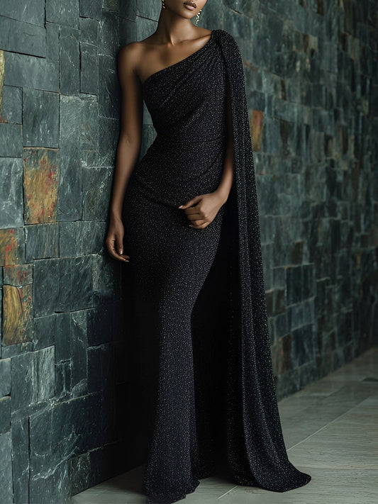 Women's Black Chic Sparkle Stretch Polyester-Cotton Blend One - Shoulder Cape - Detailed Mermaid Gown MDA1757J5I