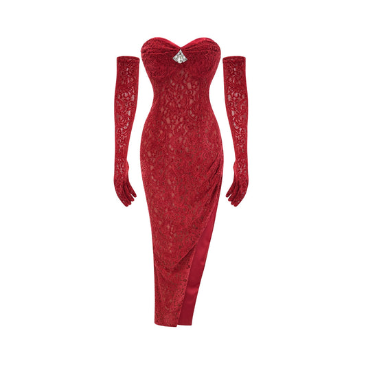 Belle red embellished midi dress (with gloves) (US Only)
