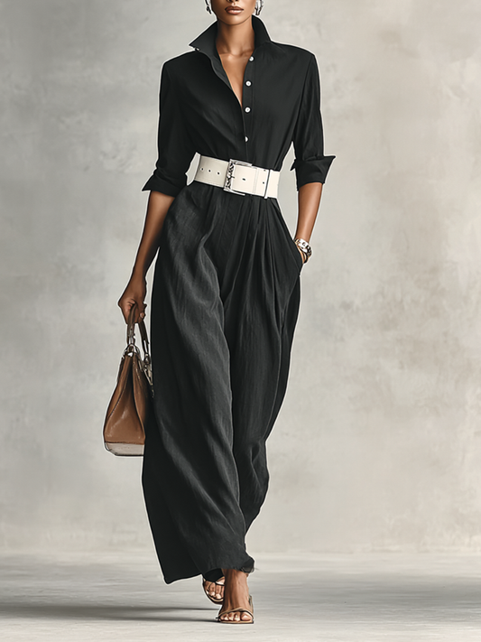 Women's Lapel Single Breasted Long Sleeve Belted Jumpsuit MDA2274G1Y