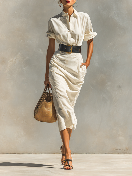 Ladies Solid Color Lapel Short Sleeve Belt Midi Dress MDA0999G0Y