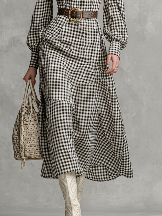 Women's Plaid Half-high Collar Belt Maxi Dress MDA1677J9Y